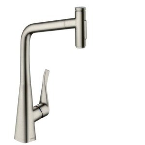 Dřezová baterie Hansgrohe Metris s vytahovací sprškou, 2 proudy vzhled nerezu 73820800