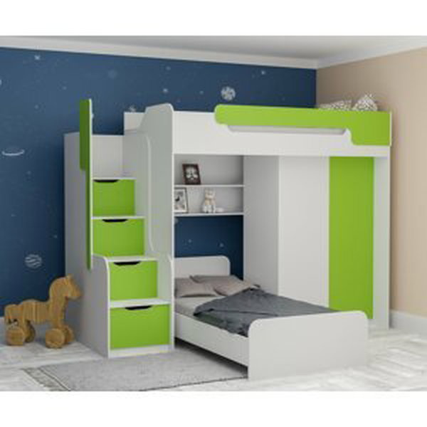 Multifunkční patrová postel Dori se spodní postelí a skříní, lamino bílá/zelená