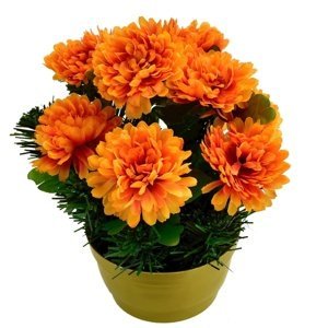 Umělá květina Chryzantéma v květináči, oranžová, 23 x 22 x 22 cm
