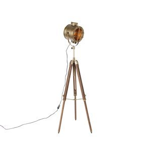 Stativová stojací lampa bronzová s dřevěným studiovým bodem - Lesklá