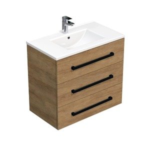 Koupelnová skříňka s černou úchytkou a umyvadlem SAT Cube Way 80x71x46 cm dub Hickory mat CUBE46C803DHMOD