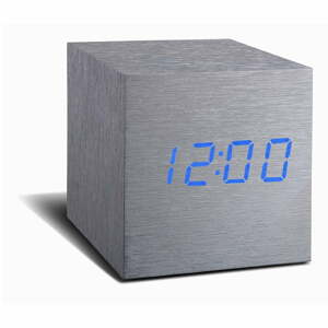 Šedý budík s modrým LED displejem Gingko Cube Click Clock